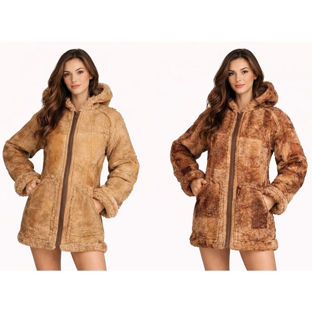 1970s Unbranded Patchwork Shearling Hooded Reversable Coat size small